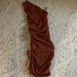 Rust coloured one shoulder bodycon dress
